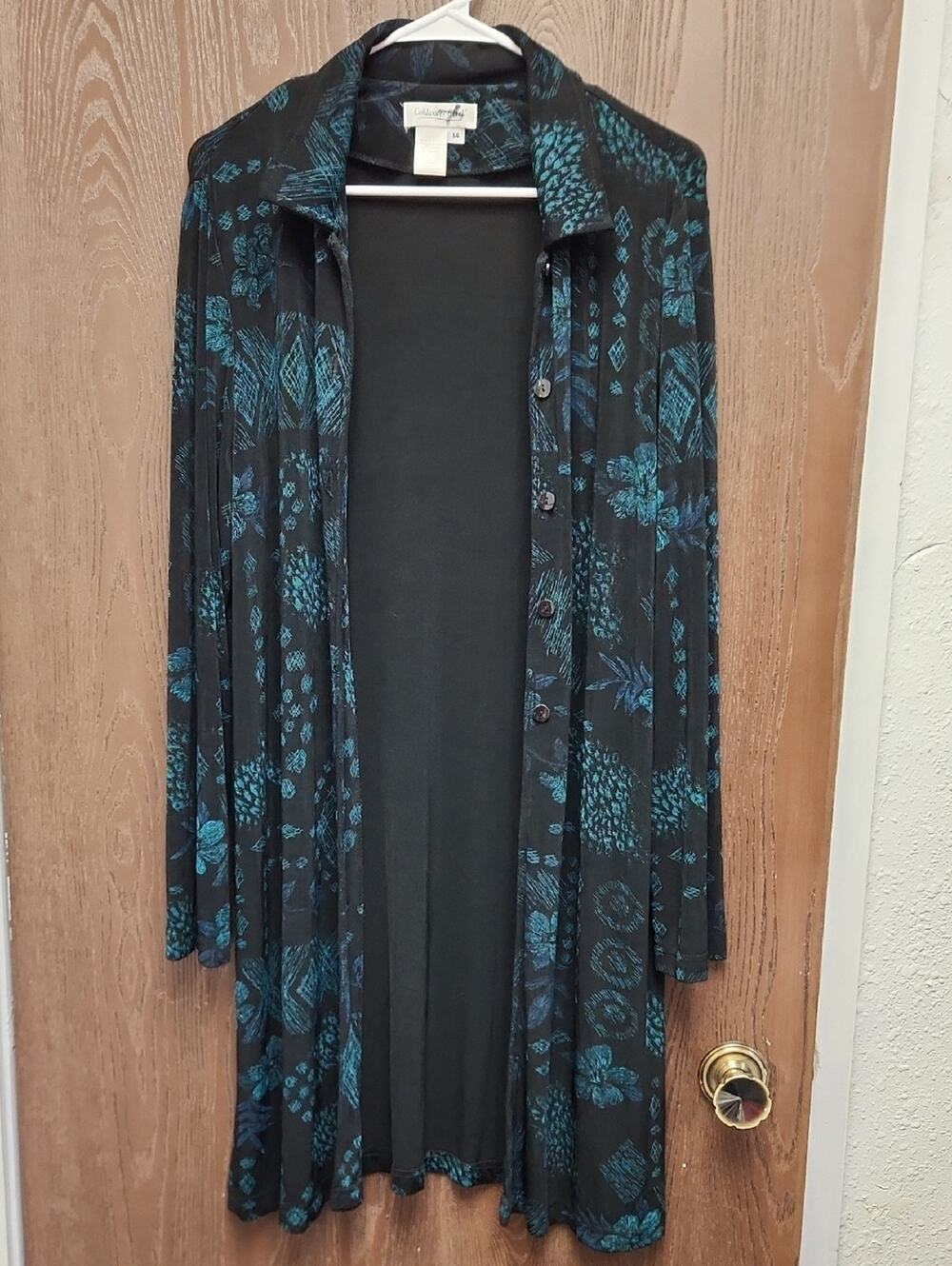 Coldwater Creek Black Tunic Cardigan with Teal Floral Print